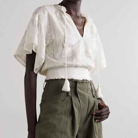 Alice + Olivia Tops - Alice & Olivia Tabitha Embroidered Smocked Cropped Top XL